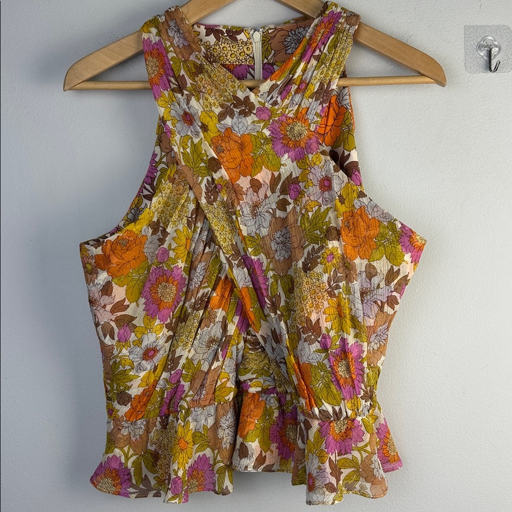 Veronica Beard Kailani Floral Silk Peplum Blouse in Stone Multi Size 10 Feminine - Picture 2 of 16